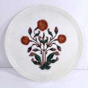 Handmade Marble Inlay Tray White Floral Pietra Dura Semi Precious Stone 13 Inch